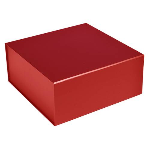 Matte red magnetic box — square rigid gift box shown closed, rich brick-red flat laminate with front magnetic snap-flap seam