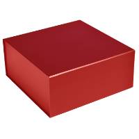 Square matte red magnetic gift box shown closed — rigid collapsible box in smooth deep red non-gloss finish with magnetic flap