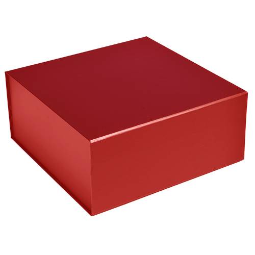 Square matte red magnetic gift box shown closed — rigid collapsible box in smooth deep red non-gloss finish with magnetic flap