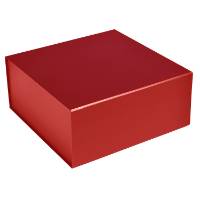 Matte red magnetic gift box — square rigid box shown closed, even crimson flat laminate with a slim magnetic flap seam in front