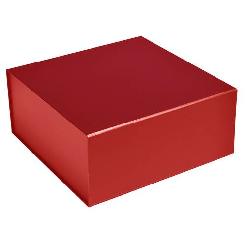 Matte red magnetic gift box — square rigid box shown closed, even crimson flat laminate with a slim magnetic flap seam in front