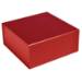 Matte red magnetic gift box — square rigid box shown closed, even crimson flat laminate with a slim magnetic flap seam in front