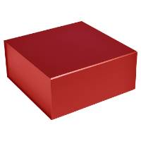 Red matte magnetic box shown closed — square rigid fold-flat gift box in deep red satin-matte finish with hidden magnet flap