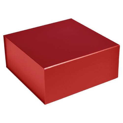 Red matte magnetic box shown closed — square rigid fold-flat gift box in deep red satin-matte finish with hidden magnet flap