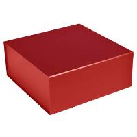 Matte red square magnetic box shown closed — rigid gift box in uniform cherry-red flat laminate with front magnet flap seam
