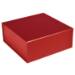 Matte red square magnetic box shown closed — rigid gift box in uniform cherry-red flat laminate with front magnet flap seam