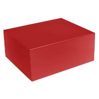 Tall matte red magnetic gift box shown closed — deep rectangular rigid box in smooth crimson matte finish with magnet flap lid