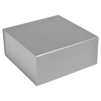 Matte silver magnetic box — square rigid gift box shown closed, smooth brushed-silver gray laminate with magnetic flap seam