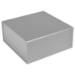 Matte silver magnetic box — square rigid gift box shown closed, smooth brushed-silver gray laminate with magnetic flap seam