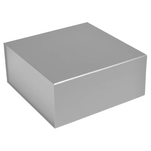 Matte silver magnetic box shown closed — square rigid gift box with a smooth satin matte silver laminate and seamless fold-over lid