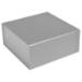 Matte silver magnetic box shown closed — square rigid gift box with a smooth satin matte silver laminate and seamless fold-over lid