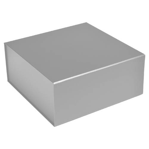 Matte silver magnetic gift box closed — low square rigid box, smooth brushed-silver matte laminate, fold-over magnetic front lid