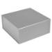Matte silver magnetic gift box closed — low square rigid box, smooth brushed-silver matte laminate, fold-over magnetic front lid