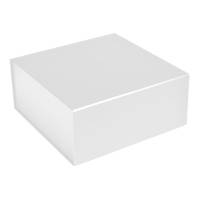 Matte white magnetic box shown closed — small square rigid gift box with soft matte white laminate and a seamless fold-over lid