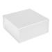 Matte white magnetic box shown closed — small square rigid gift box with soft matte white laminate and a seamless fold-over lid