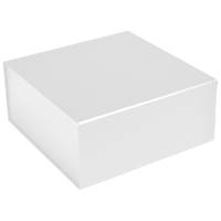 Matte white magnetic box shown closed — square rigid gift box, smooth matte white laminate finish, magnetic fold-over front lid