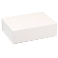 Matte white magnetic box closed — rectangular rigid gift box with smooth matte white laminate and a hinged fold-over front panel