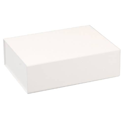 Matte white magnetic box closed — rectangular rigid gift box with smooth matte white laminate and a hinged fold-over front panel