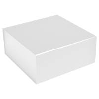 Matte white magnetic gift box shown closed — deep square rigid box, velvety matte white laminate with a seamless magnetic closure