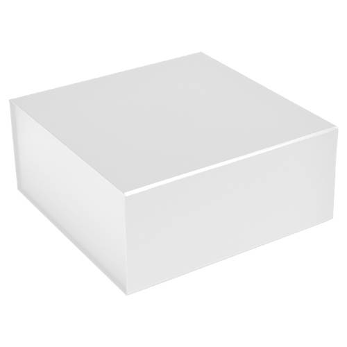 Matte white magnetic gift box shown closed — deep square rigid box, velvety matte white laminate with a seamless magnetic closure