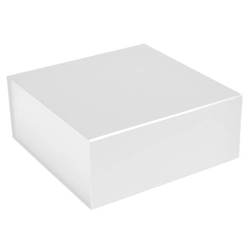Matte white magnetic box closed — broad square rigid gift box in smooth matte white laminate with a fold-over magnetic front flap