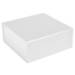 Matte white magnetic box closed — broad square rigid gift box in smooth matte white laminate with a fold-over magnetic front flap