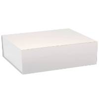 Matte white magnetic gift box closed — wide shallow rectangular rigid box, soft matte white laminate, seamless fold-over lid