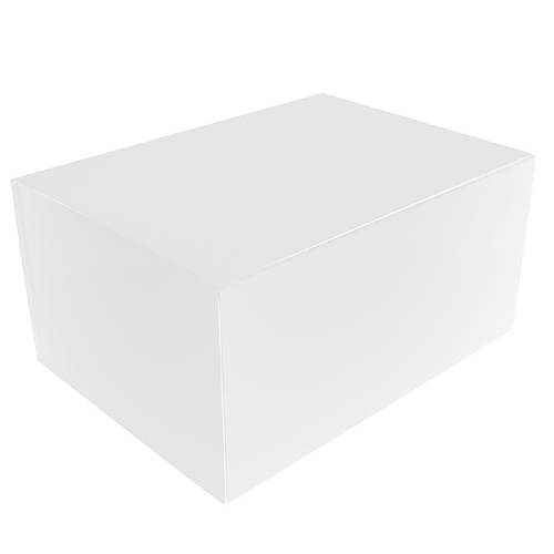 Matte white magnetic box shown closed — deep rectangular rigid gift box with smooth matte white laminate and a magnetic front flap