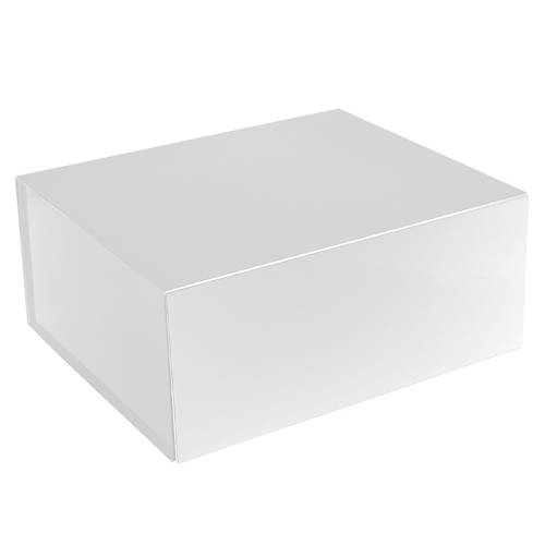 Matte white magnetic gift box closed — rectangular rigid box, clean matte white laminate, fold-over lid with hidden magnetic snap