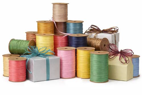 Matte wraphia rayon raffia ribbon with a soft flat finish, 1/4-inch twisted strands on a 100-yard roll, for gift wrapping and bows.