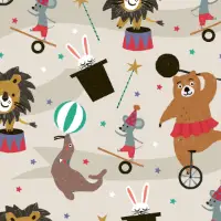 Matteo Gift Wrap Paper with circus lion, bear on unicycle, seal, and magician rabbit on light greige