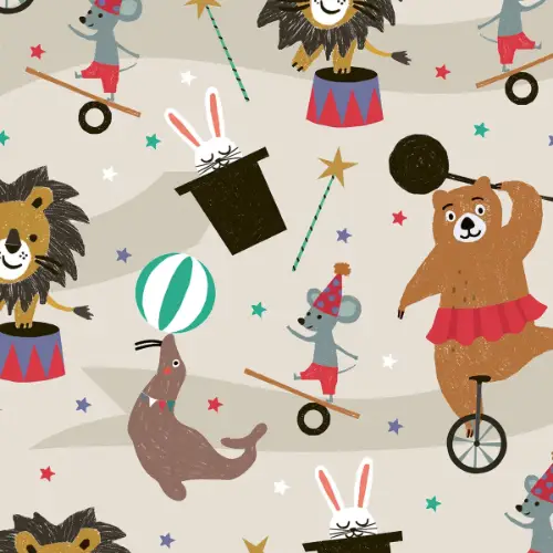 Matteo Gift Wrap Paper with circus lion, bear on unicycle, seal, and magician rabbit on light greige