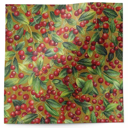 Merry berry tissue paper with dense red berries and green leaves on warm gold