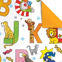 Mick Gift Wrap Paper with hand drawn animal alphabet with clown, leopard, and lion on white