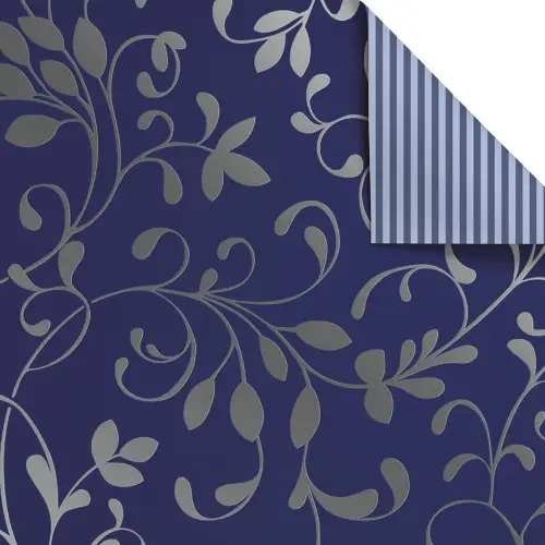 Miron Navy Gift Wrap Paper with silver scroll vines and leaves on deep navy