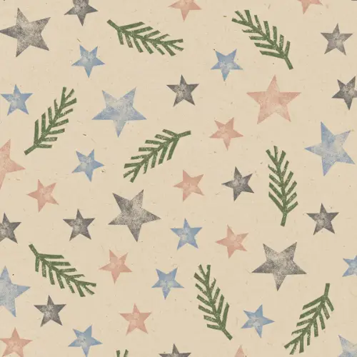 Naruto Gift Wrap Paper with stamped pink, blue, and gray stars with green pine sprigs on natural cream