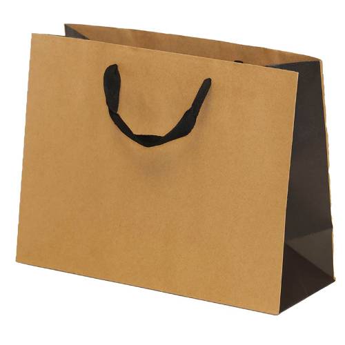 natural kraft paper shopping bags with black gusset and black flat twill handles