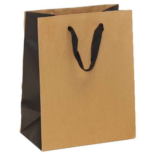 natural kraft paper shopping bags with black gusset and black flat twill handles