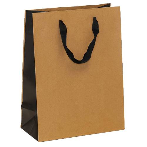 natural kraft paper shopping bags with black gusset and black flat twill handles
