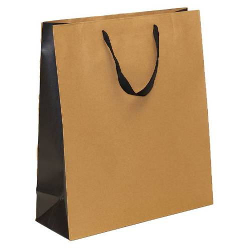 natural kraft paper shopping bags with black gusset and black flat twill handles