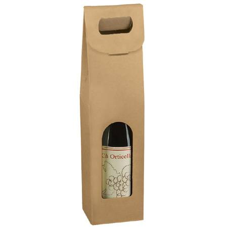 Natural Kraft Wine Bottle Carrier 3.5x3.5x15 — upright folding carrier with die-cut handle and arched bottle window, smooth natural kraft