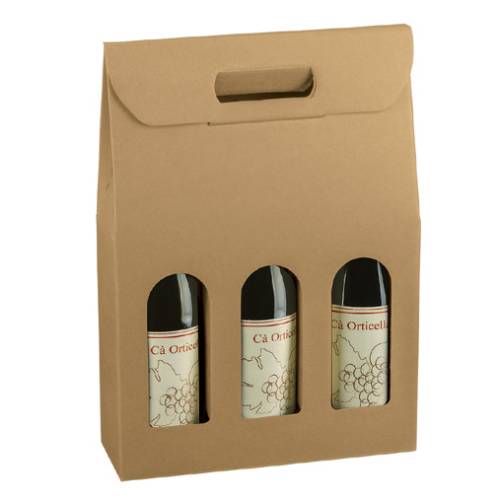 Natural Kraft Wine Bottle Carrier 10.6x3.5x15 — upright folding carrier with die-cut handle and arched bottle window, smooth natural kraft