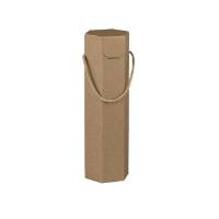 Natural Kraft hex wine bottle carrier 3.8x3.8x14, hexagonal 1-bottle carrier with rope carry handles, smooth natural kraft finish