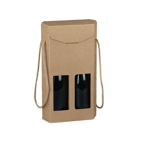 Natural Kraft hex wine bottle carrier 8x3.8x14, hexagonal 2-bottle carrier with rope carry handles, smooth natural kraft finish