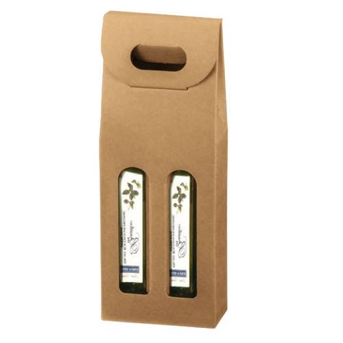Natural Kraft 2-bottle carrier — smooth kraft olive oil gift box with 2 windows and a die-cut carry handle
