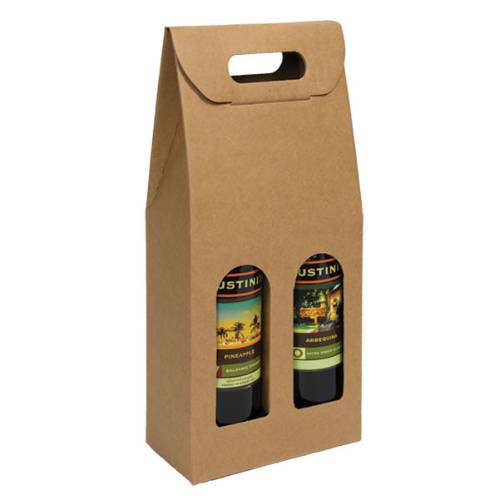 Natural Kraft 2-bottle carrier — smooth kraft olive oil gift box with 2 windows and a die-cut carry handle