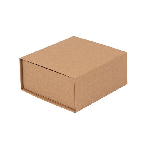 Small Natural Kraft Vesta premium gift box 6.34" x 5.79" x 2.75", rigid book-style foldover lid, smooth matte finish