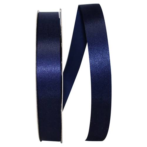 Navy Dyna Satin ribbon on a flat spool — single-face satin with taffeta back, 7/8" width, 100 yards