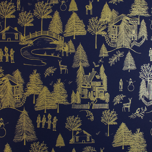 Navy/Gold Wintertown Gift Wrap Paper — festive Navy/Gold Wintertown holiday wrapping paper design