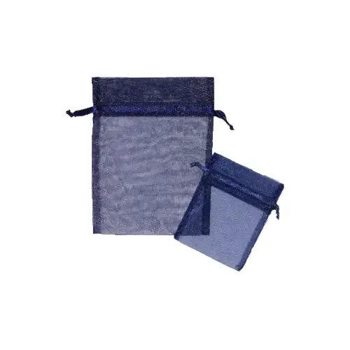 Navy organza bag 4x5.5 - sheer drawstring pouch in a deep muted navy weave, shown upright with a second bag laid in front